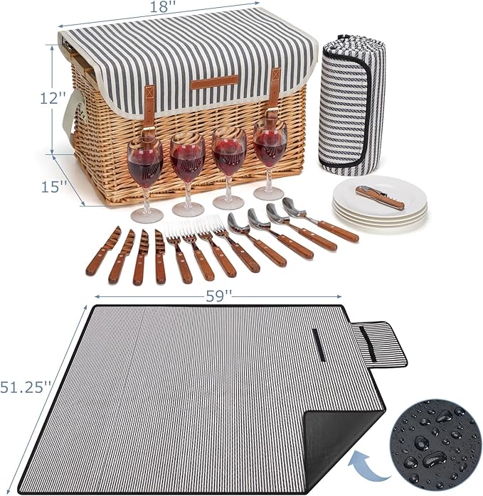 Wicker Picnic Basket for 4, 4 Person Picnic Kit, Willow Hamper Service Gift Set with Blanket Portable Bamboo Wine Snack Table for Camping and Outdoor Party