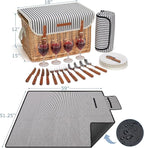 Wicker Picnic Basket for 4, 4 Person Picnic Kit, Willow Hamper Service Gift Set with Blanket Portable Bamboo Wine Snack Table for Camping and Outdoor Party