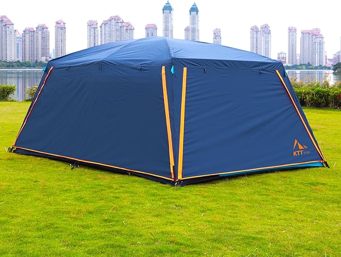 KTT Extra Large Tent 12 Person,Family Cabin Tents,Awning,2 Rooms,4 Doors and 4 Windows with Mesh,Straight Wall,Waterproof,Double Layer,Big Tent for Outdoor,Picnic,Camping,Family Gathering