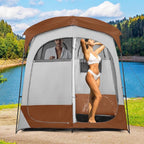 Tangkula Double Room Shower Tent, Oversize Space Privacy Tent with Floor, Removable Rain Fly, Inside Pocket, Clothesline, Top Hook, Portable Outdoor Changing Tent for Dressing, Camping, Toilet
