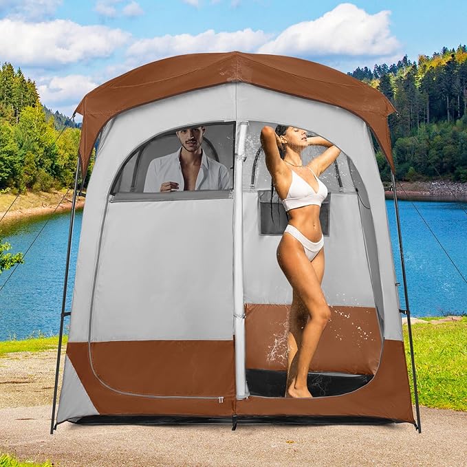 Tangkula Double Room Shower Tent, Oversize Space Privacy Tent with Floor, Removable Rain Fly, Inside Pocket, Clothesline, Top Hook, Portable Outdoor Changing Tent for Dressing, Camping, Toilet