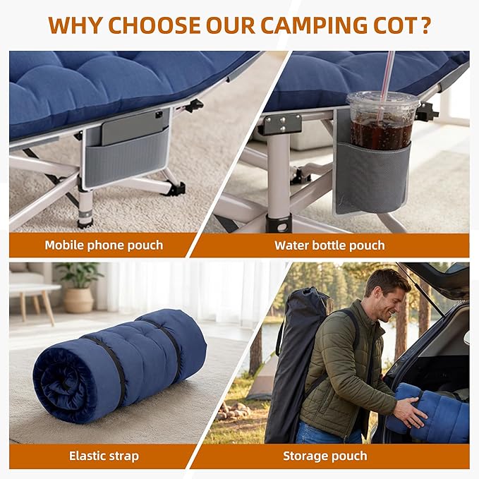 Folding Camping Cot for Adults - 2 Pack Heavy Duty Sleeping Cots with Carry Bag Double Layer Oxford Portable Travel Camp Cots for Outdoor Camp Beach Home Office (Blue Pad & Gray Pad, 2PACK)