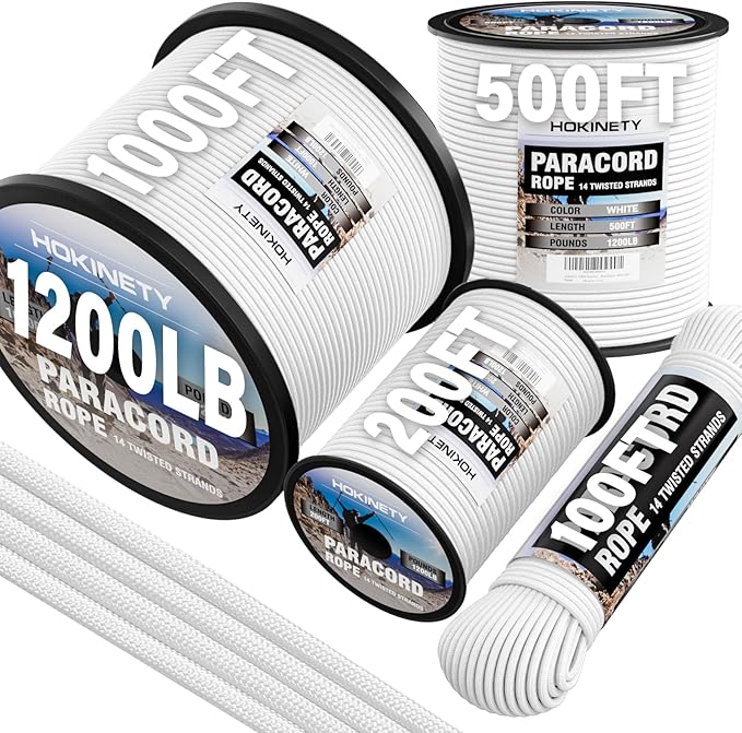 1200 Paracord Rope - 4.4mm 14 Strand Nylon Parachute Spool para Cord Lanyard for Outdoor Camping Survival Utility Tent Crafting DIY Projects Fishing Clothsline Bracelet - White 1000FT