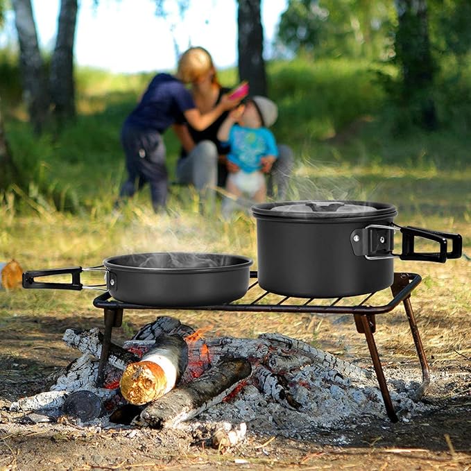 1 Set Outdoor Pans Camping Cookware Picnic Cooking Set Non-Stick Tableware with Foldable Spoon Fork Knife Kettle Cup