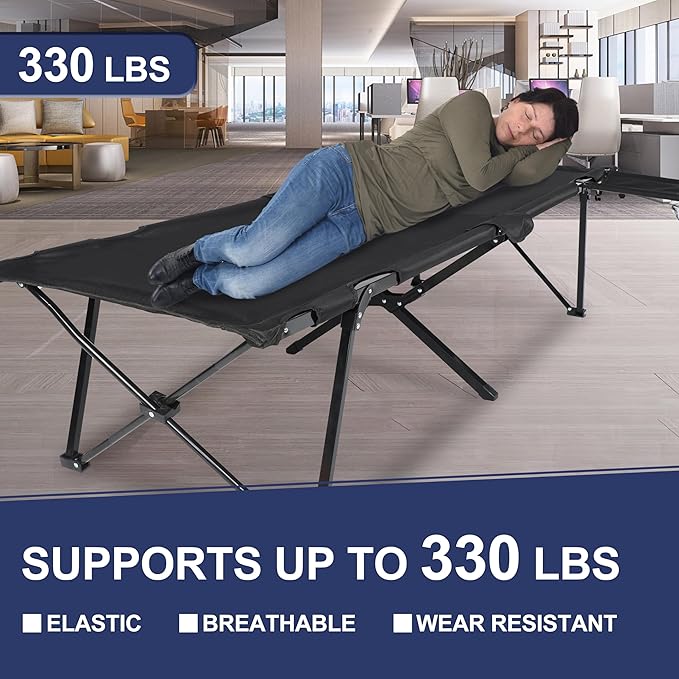 YSSOA Folding Camping Cot with Table for Adults, Portable and Lightweight Sleeping Bed for Outdoor Traveling, Hiking, Easy to Set up, Black