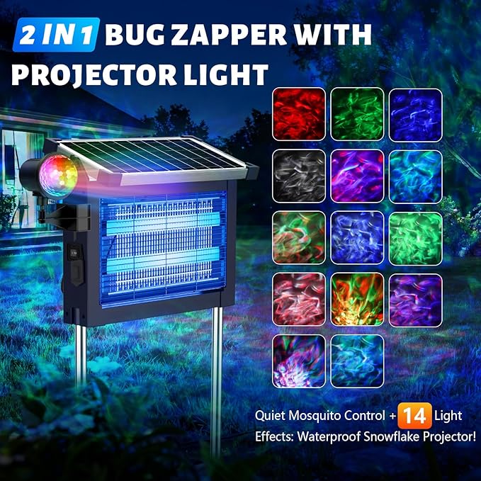 Solar Bug Zapper 4500V with Star Projector, 2-in-1 Outdoor Mosquito Killer, IP66 Waterproof Cordless Fly Trap with Type-C Charging for Patio, Yard & Camping