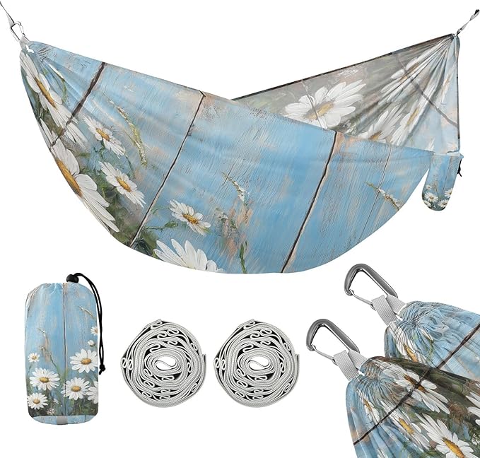 Wood Wall with White Daisies Camping Hammock Single Portable Hammocks 330 lbs Capacity with 2 Tree Straps and Attached Carry Bag,Perfect for Outdoor,Indoor,Beach,Camping,Travel