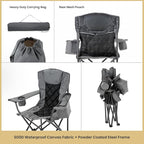 ARROWHEAD OUTDOOR 2-Pack Portable Deluxe Folding Camp Quad Chair w/Headrest, Glass & Cup Holders, Armest 6-can Cooler, Heavy Duty Carry Bag, 550 lbs Weight Capacity