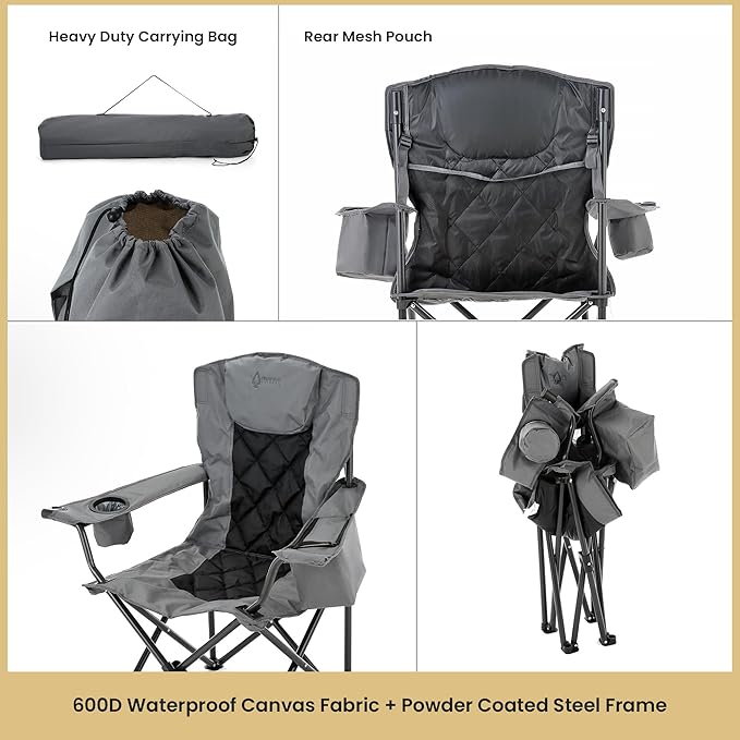ARROWHEAD OUTDOOR 2-Pack Portable Deluxe Folding Camp Quad Chair w/Headrest, Glass & Cup Holders, Armest 6-can Cooler, Heavy Duty Carry Bag, 550 lbs Weight Capacity