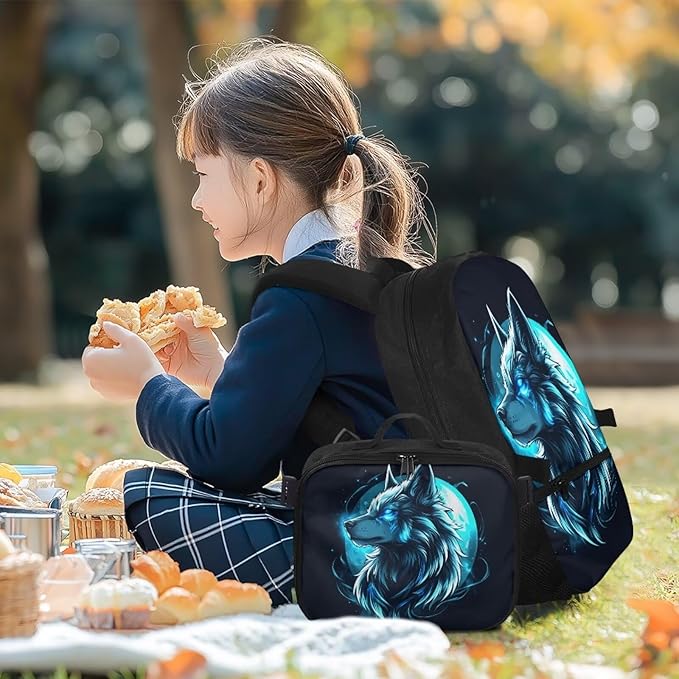 Wolf Backpack with Lunchbox Blue Bookbag for Men Large Capacity School Bag with Adjustable Shoulder Strap for Outdoor Travel Hiking Camping