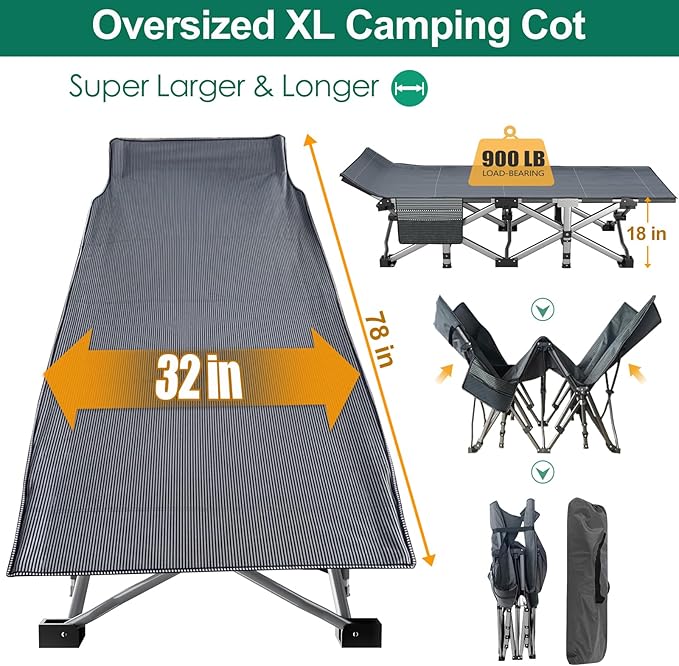 LILYPELLE Folding Camping Cot, Extra Wide Heavy Duty Sleeping Cots with Carry Bag, Double Layer Oxford Portable Travel Camp Cots for Home, Office Nap and Outdoor Beach
