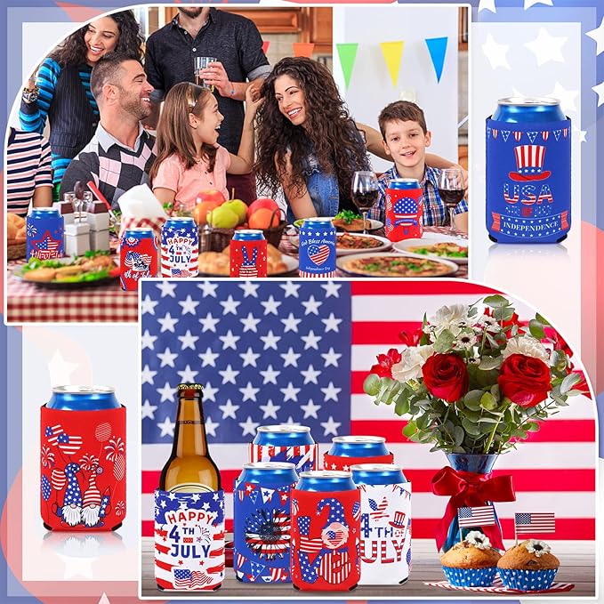 4th of July Can Cooler Sleeves, 18pcs American Flag Beer Drink Can Bottle Cooler Sleeves Collapsible for Fourth of July Coozies Bulk Independence Day Party Decorations Supplies Favors