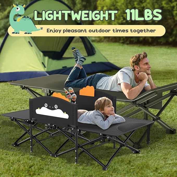 Slendor Toddle Cot, Toddler Portable Bed w/Cartoon Handrail, Blanket (5ft x 4ft), Folding Toddler Cots for Camping, Travel Bed, Extra Long Cot Length 56", Support 330 Lbs, Black