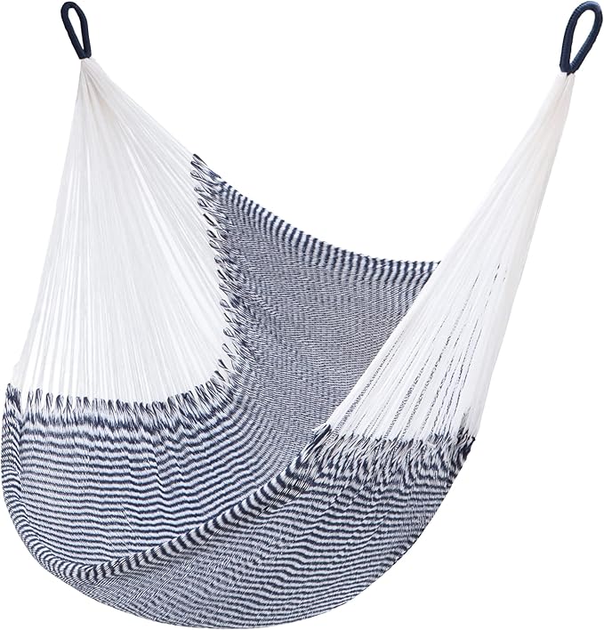 Handwoven Hanging Chair by Yellow Leaf Hammocks - Fits 1 Person, 330lb Max - Kick Back for Full-Body Recline - Weathersafe, Ultra Soft, Hang Anywhere - Color: Stripe Navy Blue - White
