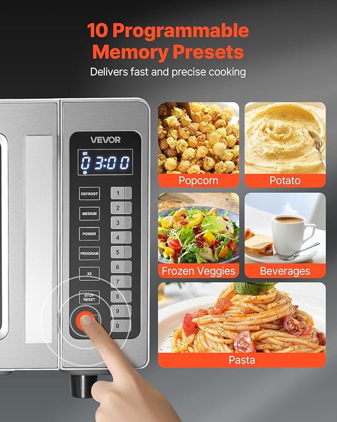 VEVOR Commercial Microwave Oven, 0.9 Cu Ft, 1000W Digital Stainless Steel Countertop Microwave Oven with Touchscreen, 10 Cooking Presets, 5 Power Levels, Multi-Lock Door & Easy Clean for Restaurants