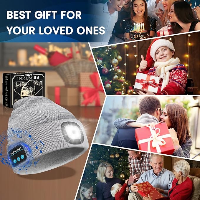 VIBELITE Bluetooth Beanie Hat with Light, Gifts for Men, USB Rechargeable LED Headlamp with Wireless Headphones, Birthday Gifts for Men, Dad, Him, Teen Boys, Husband, Women, Boyfriend, Grey