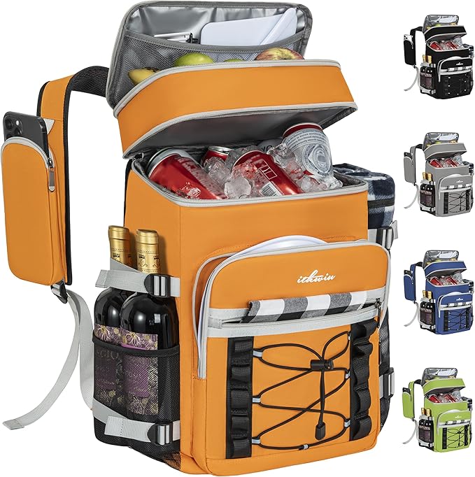 Cooler Backpack, 40 Cans Insulated Lunch Backpack Picnic Backpack for Men&Women, Durable Cooler Bag with 2 Leak Proof Compartments for Picnic, BBQ Camping, Lunch, Beach, Hiking, Orange