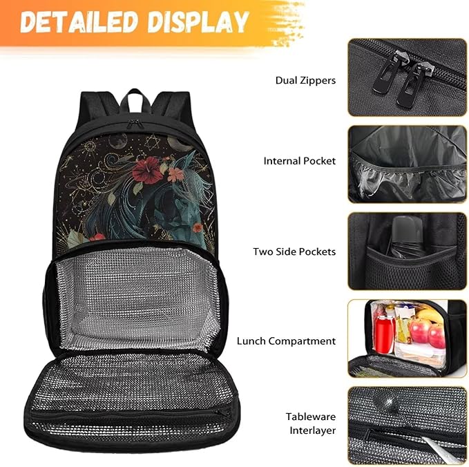 Horse Floral Moon Computer College Laptop Bag with Lunch Compartment for Men Women, Primary Middle High School Daypack Bookbag, Dustproof Hiking Picnic Cooler Backpack Meal Bag