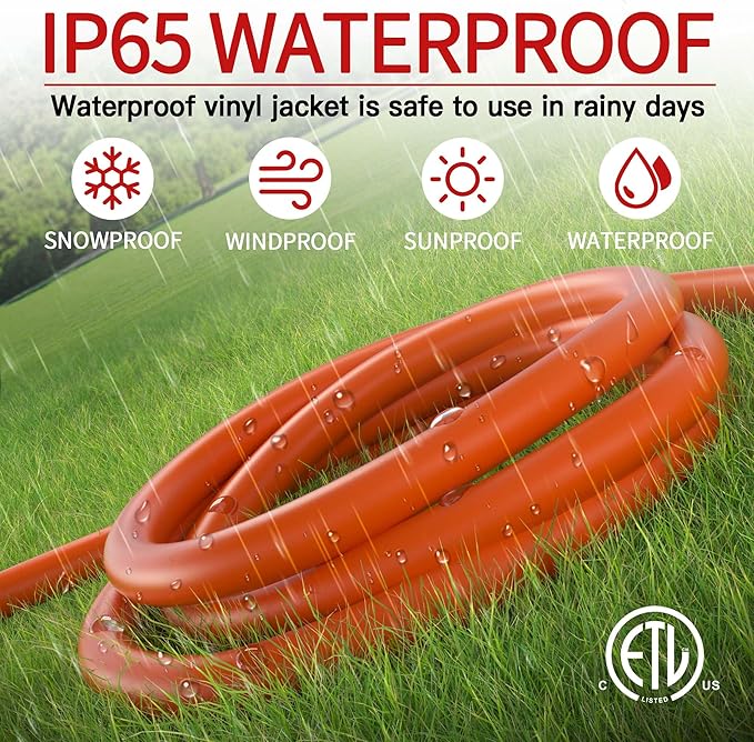150 FT 12 Gauge Extension Cord Outdoor, Heavy Duty Weatherproof & Flame Retardant Orange 3 Prong Power Cord with Light, Outside for Lawn & Garden, 15 Amps 1875 Watts 125 VAC 12AWG SJTW, ETL Listed