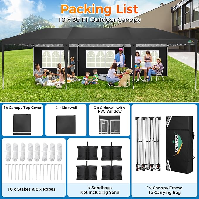 COBIZI 10x30 Pop Up Canopy Tent with Removable Sidewalls, Waterproof Portable Easy Up Canopy with Carry Bag, Instant Outdoor Shelter Tents for Parties, Events, Backyard Gatherings, Weddings, Black