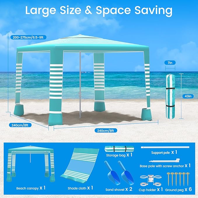 MoKo Beach Cabana, 8'×8' Large Beach Canopy with Side Wall, UPF 50+ Protection Easy Setup Beach Tent Sun Shelter, Adjustable Height Wind Resistant Cabana Beach Tent for Whole Family, Green Stripe