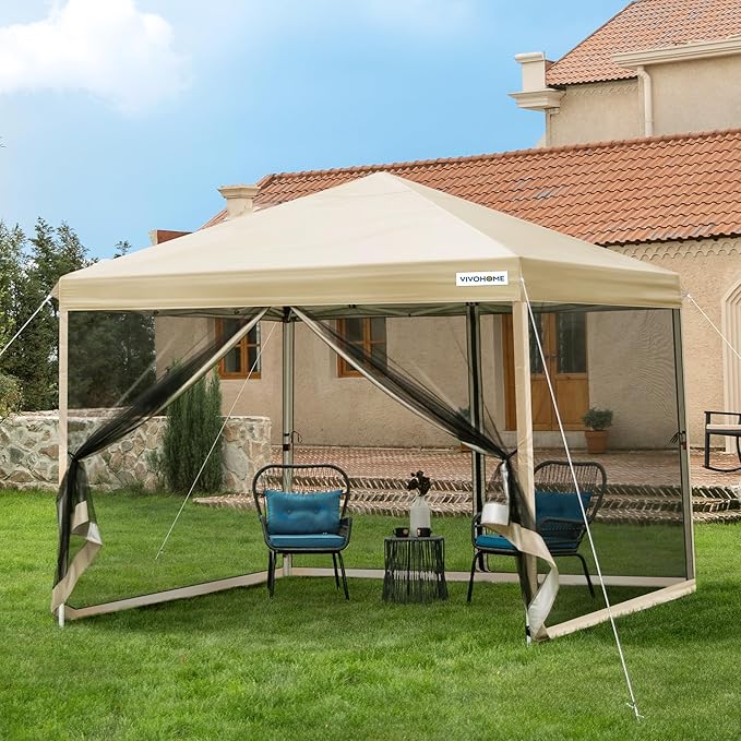 VIVOHOME 10x10ft Easy Pop-Up Canopy, Outdoor Screen Tent with Mosquito Netting, 2 Zipper Doors, and Roller Bag for Yard Camping Picnic Party Events, Beige