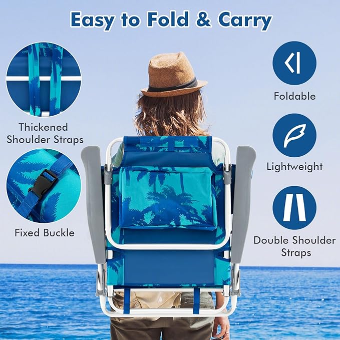 Tangkula Set of 4 Backpack Beach Chair, 5-Position Lay Flat Beach Chairs with Cooler Bag, 2 Cup Holders, Towel Bar, Lightweight Low Folding Beach Chair with Backpack Straps