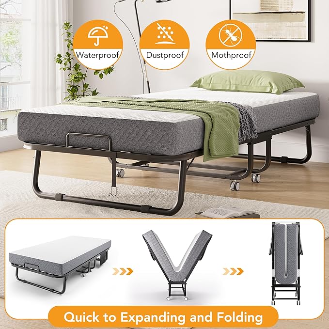 Folding Bed with Memory Foam Mattress, 75" x 38" Cot Size Portable Foldable Bed with Movable Wheels, Space-Saving Sturdy Metal Frame, Twin Rollaway Bed for Adults for Guest Room, Apartment, Camping