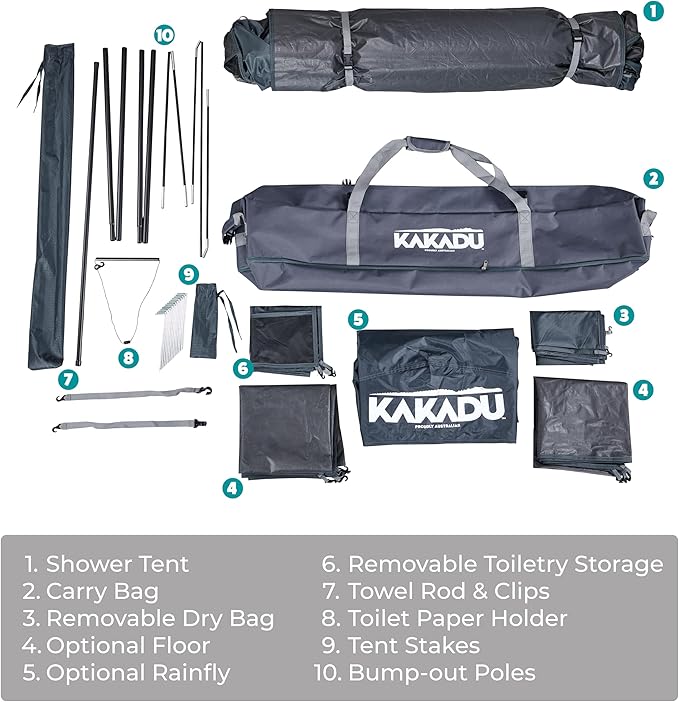 Kakadu Outback Shower Tent Deluxe, Triple Room Portable Privacy Shelter, Outdoor Camping Toilet Tent, Changing Room, Sturdy, Easy Setup - with LED Light, Carry Bag, Towel Rod