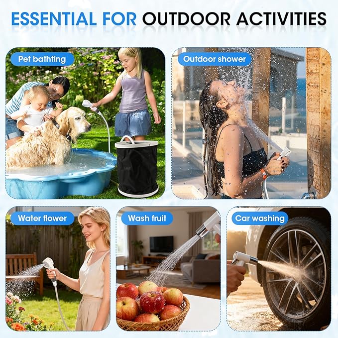 Portable Camping Shower, Outdoor Shower Kit with Pump, Hose, Spray Gun & Folding Bucket, Rechargeable Battery Powered Portable Shower for Camping, Hiking, Beach,RV,Pet Cleaning & Road Trips