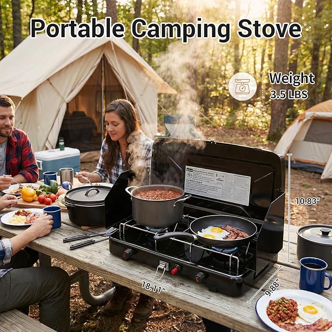 Camping Stove, 2 Burners Propane Portable Camp Stove with Regulator, Push-Button Instant Ignition, Adjustable Burners & Wind Guards for Car BBQ Picnics Outdoor Cooking