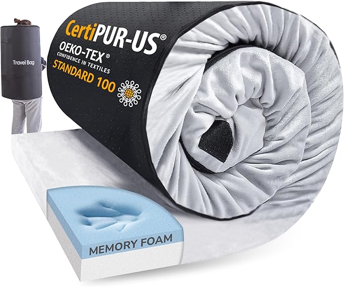 Memory Foam Camping Mattress 2.5 inch, Kids Portable Roll Up Camping Sleep Topper with Waterproof and Non-Slip Bottom, Camping Car Mat with Travel Bag, 63.5"×26.5"×2.5", Grey