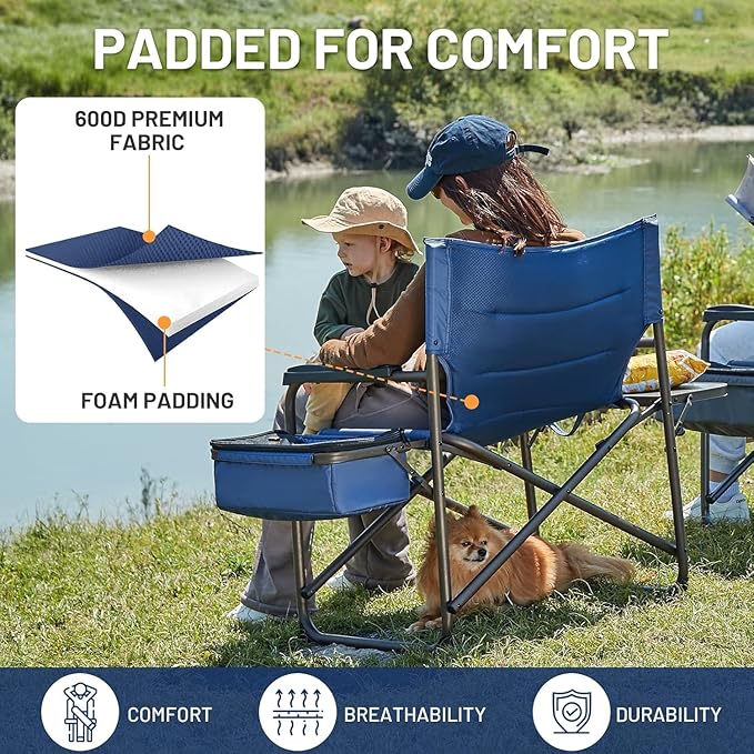 Timber Ridge XXL Oversized Directors Chair 600lbs - Heavy Duty Camping Chair with Cooler Bag & Table, Portable Folding Chair with Wide Seat for Tailgating, Patio, Outdoor - Blue (2 Pack)