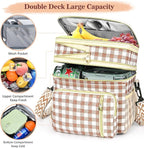 LOKASS Lunch Box for Women-16L-Insulated Lunch Bag Women, Expandable Double-layer Leakproof Cooler Bag with Upgrade Adjustable Shoulder Strap Ideal for Work/Travel/Picnics（Brown&White Check）