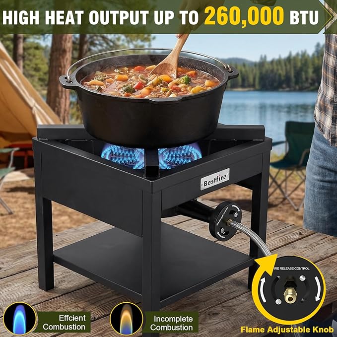 Bestfire 260,000 BTU Outdoor Propane Gas Stove, 0-20 PSI Adjustable Regulator, Steel-Braided Hose, High Pressure Single Burner Cooker for Turkey Fryer, Seafood Boil, Quemador de Gas Propano
