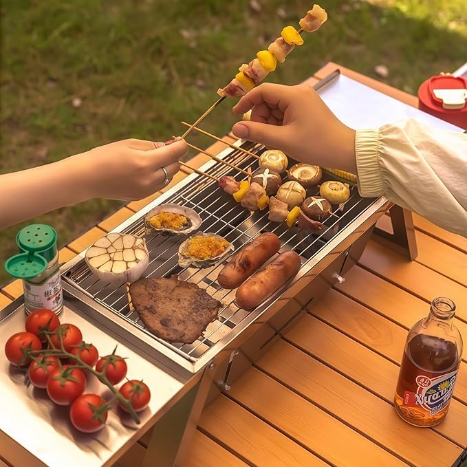 Foldable Small Charcoal Grill - Stainless Steel & High - Temp Resistant, Perfect for 2-3 Outdoor Enthusiasts! Ideal for Camping, BBQs, Picnics & Tailgating, Super Portable Yakitori Grills