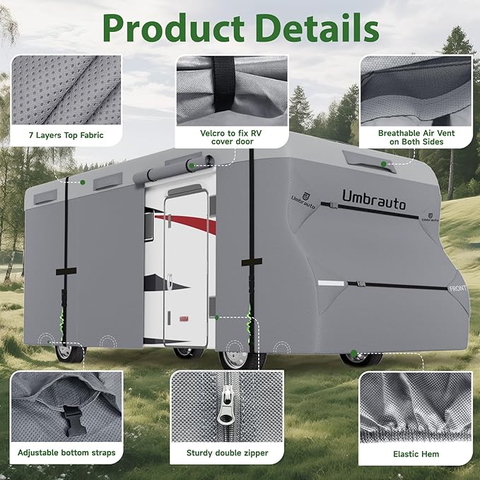 Umbrauto RV Cover Class C Upgraded 7 Layers Anti-UV Top Panel Motorhome Cover Windproof Camper Cover for 26' to 29' Motorhome with 3Pcs Extra Straps, Adhesive Repair Patches, 6 Gutter Covers