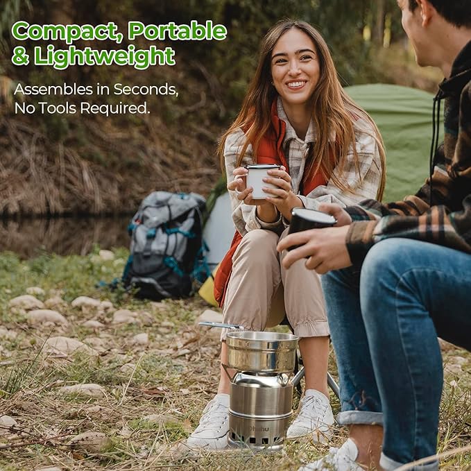 Camping Stove, Ohuhu Camp Stove Wood Burning Stove Stainless Steel Stoves Mini Portable Stove for Camping Picnic BBQ Backpacking Hiking Survival Emergency Cooking Outdoor with Grill Grid Carry Bag