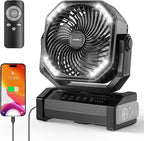 20000mAh Rechargeable Camping Fan - Battery Operated Fan with Light & Remote, Auto Oscillating, 4 Timer, 60 Hrs Work Cordless Tent Fan for Travel Outdoor RV Garage Power Outage Emergency