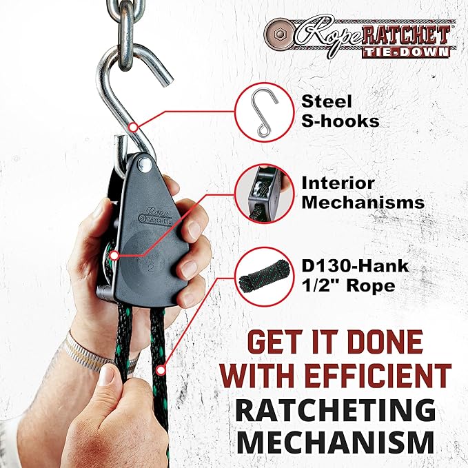 Rope Ratchet Heavy Duty 1/2" Hoist with Locking Pulley, Adjustable Hanger for Grow Lights, Canopies, Kayaks, 15' Braided Polypropylene Rope, 500 lbs Capacity, Ideal for Tent, Tarp, Roof Rack Tie Downs