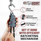 Rope Ratchet Heavy Duty 1/2" Hoist with Locking Pulley, Adjustable Hanger for Grow Lights, Canopies, Kayaks, 15' Braided Polypropylene Rope, 500 lbs Capacity, Ideal for Tent, Tarp, Roof Rack Tie Downs