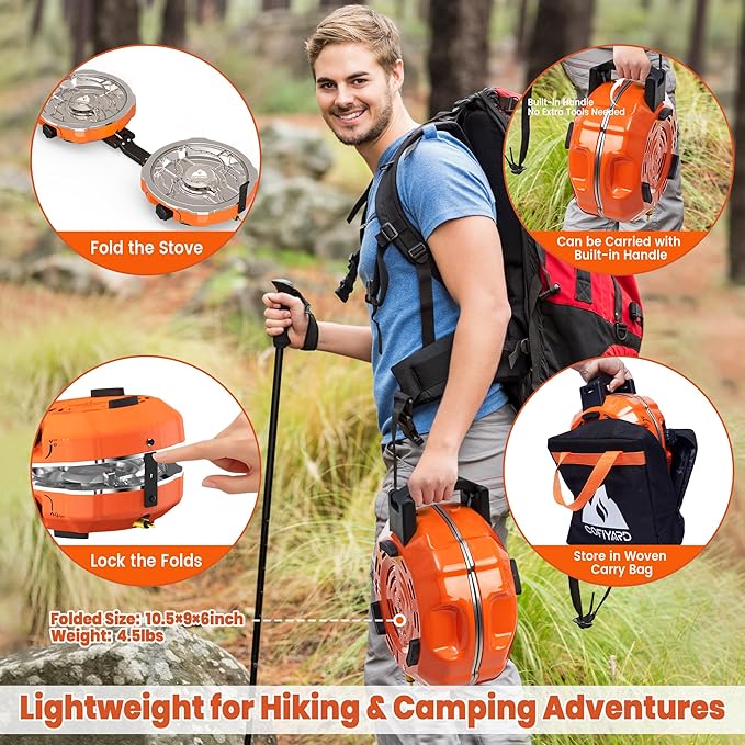 20,000 BTUs 2 Burner Propane Camping Stove, Portable Folding Camp Stove with Adjustable Burners, Regulator and Carrying Bag, Dual Gas Stoves Easy Carrying Handle for Tailgating, Camping, BBQ
