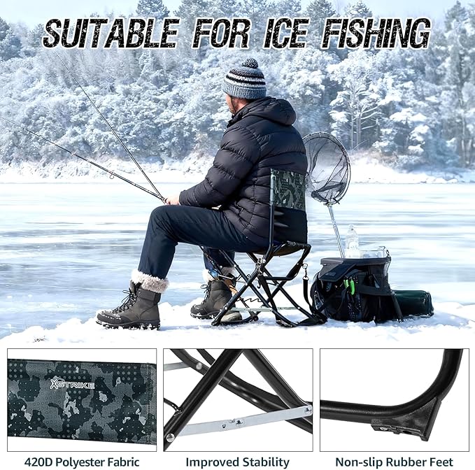 X Strike Portable Fishing Chairs Outdoor Folding Stool for Adults Portable Camping Chair for Ice Fishing,Hunting,Lawn,Patio,Garden,300LBS.