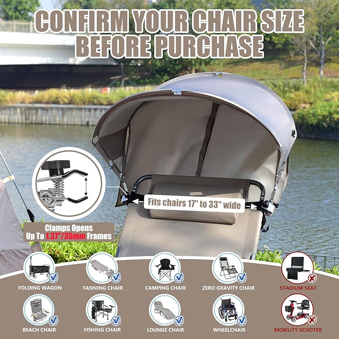 XL Universal Beach Chair Umbrella Canopy, UPF 50+ Chair Sun Shade Attachment with Adjustable Clamp for Camping, Lawn, Wheelchair, Tanning, Zero Gravity, Lounge, Fishing, Outdoor Chairs, Oversized