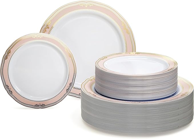 " OCCASIONS " 240 Plates Pack,(120 Guests) Premium Wedding Party Disposable Plastic Plates Set -120 x 10.25'' Dinner + 120 x 7.5'' Salad/Dessert (Scalloped in White/Blush & Gold)