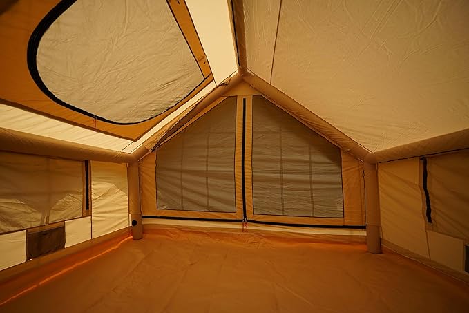 Inflatable Canvas Camping Tents with Stove Jack – Air Beam Blow Up Family Camping Tent for 2–6 People, Fast Setup Shelter with Hand Pump