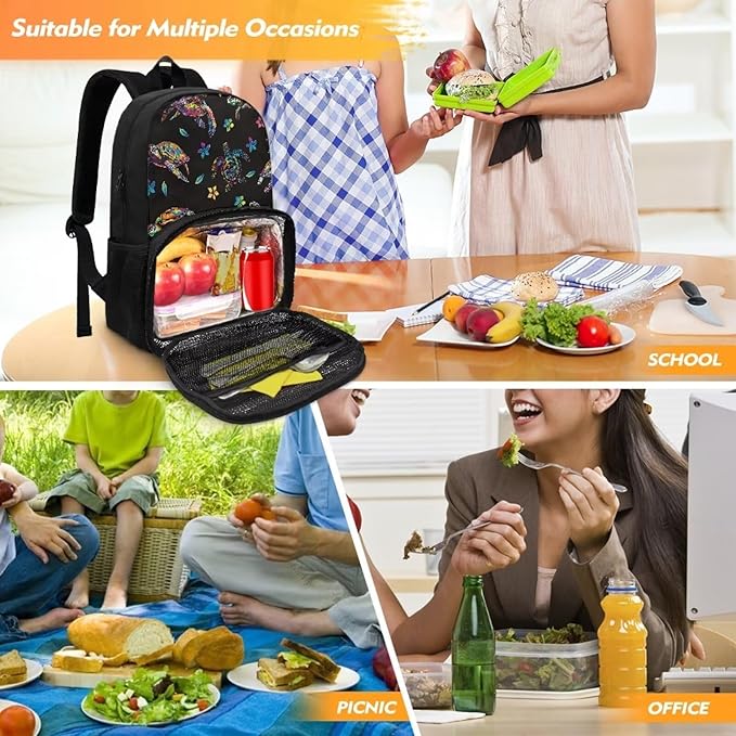 School Bags for Adults Kids, Insulated Cooler Lunch Box Backpack for Middle High School Student, Men Women Office Travel Pianic Hiking Dayback, Sea Turtle Flowers