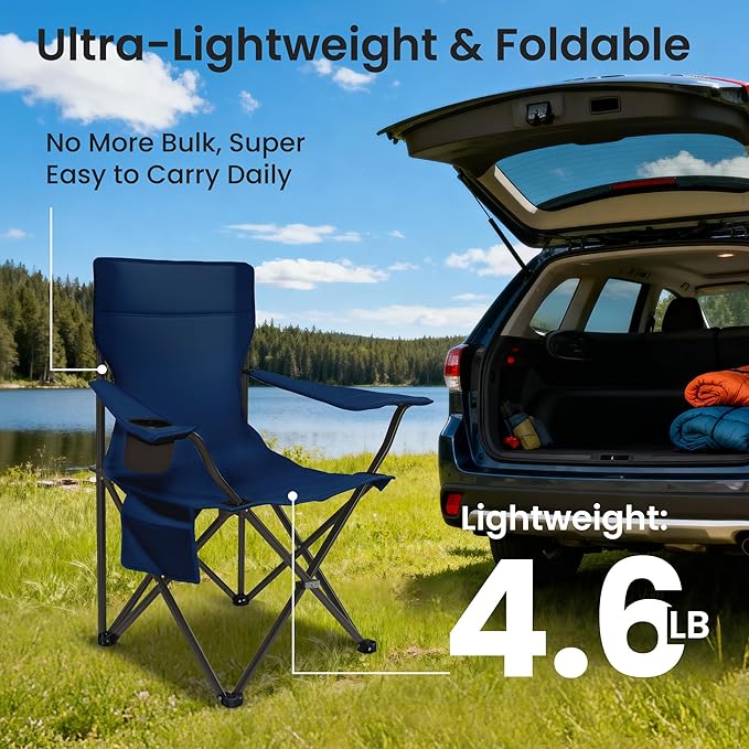 Portable Camping Chair 2 Pack, Folding Outdoor Chair with Cup Holder & Side Pocket for Camping, Hiking, Picnic, Beach (Navy Blue)