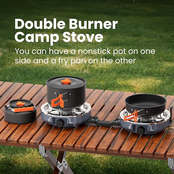 20,000 BTUs Propane 2 Burner Camping Stove Kit with Camping Cookware Overland Grey