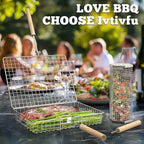 Grill Basket Set, Removable Wooden Handle, 304 Stainless Steel, Rolling BBQ Tools, Smoker Grilling Accessories for Vegetable Fish, Outdoor Cooking Camping, Birthday Gifts for Men Dad Husband